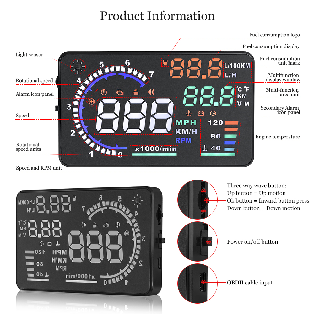 AD 5.5'' OBD2 HUD Car Head Up  - Anemometer Wind Speed avis et prix